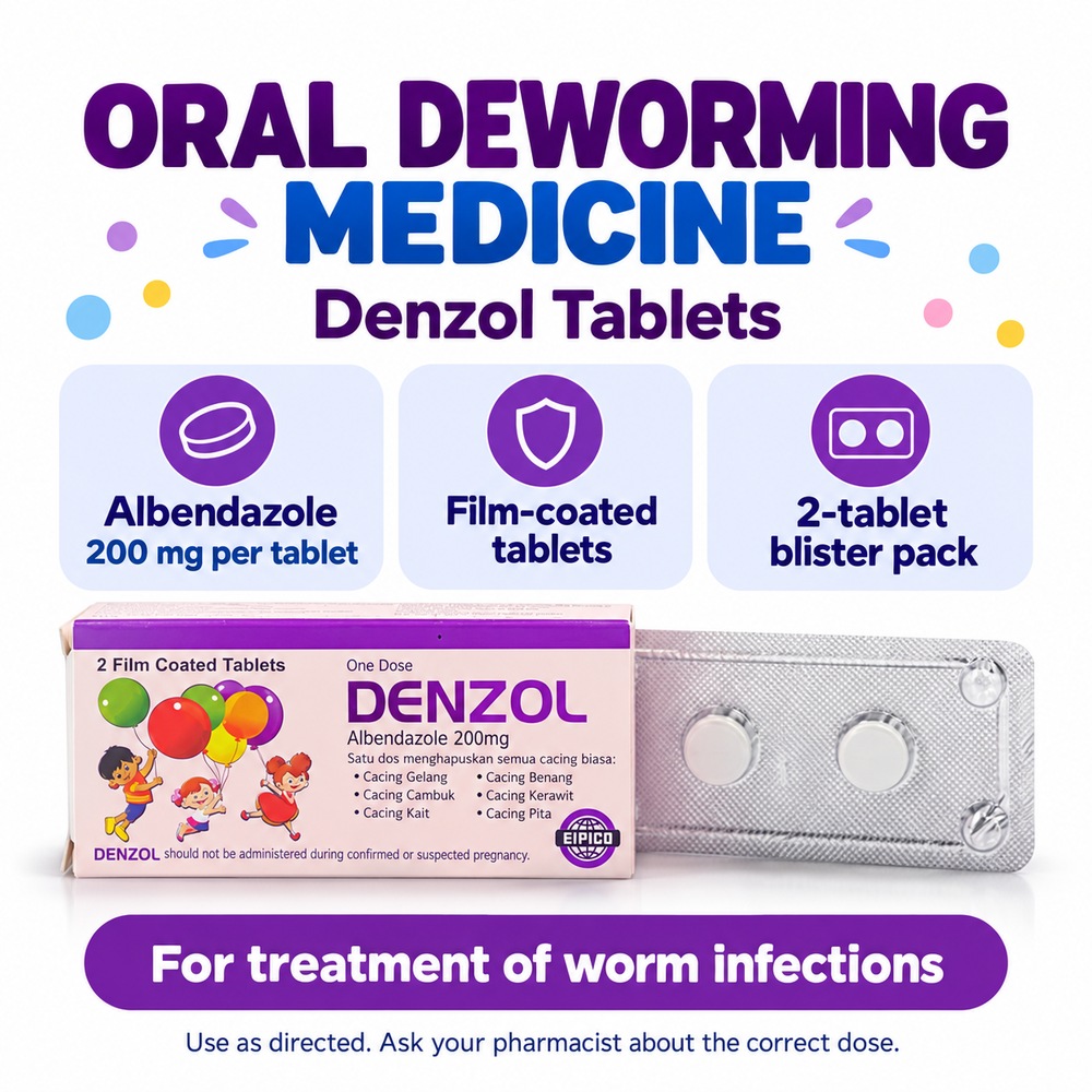 DENZOL Tablet Albendazole 200mg 2's for Deworm Tablet, Ubat Cacing