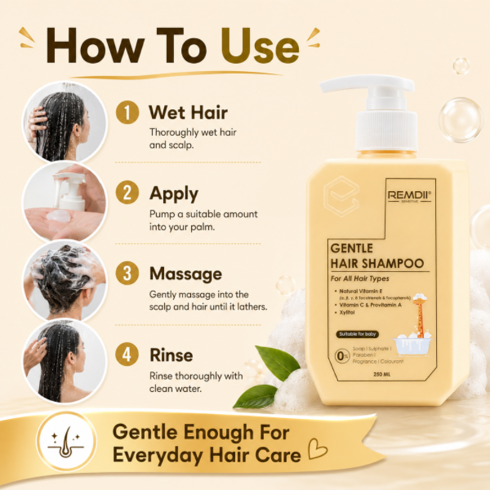 REMDII Gentle Hair Shampoo 250ml for Syampu Kulit Kepala Sensitif, Vitamin E Shampoo