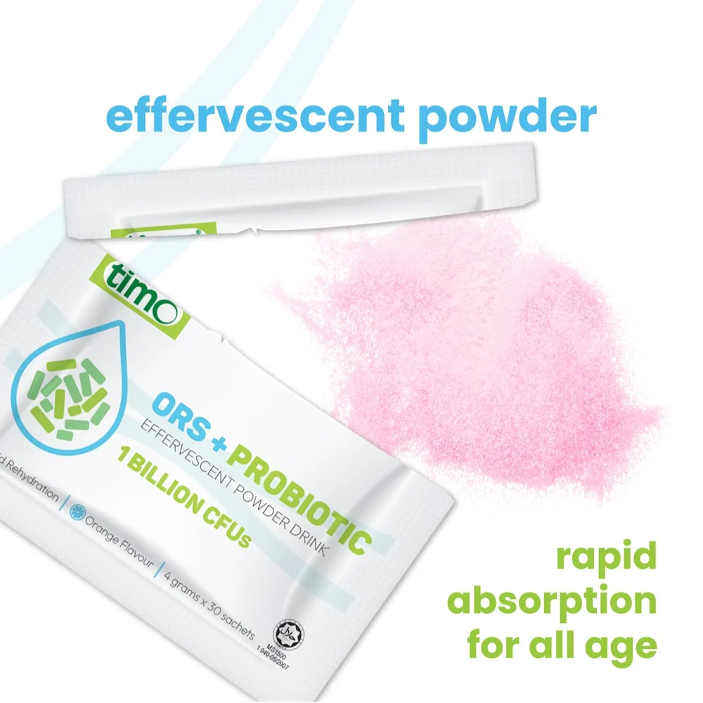 TIMO Ors + Probiotic Effervescent Powder Drink 4g X 30's - Orange Flavour, Ubat Sakit Perut