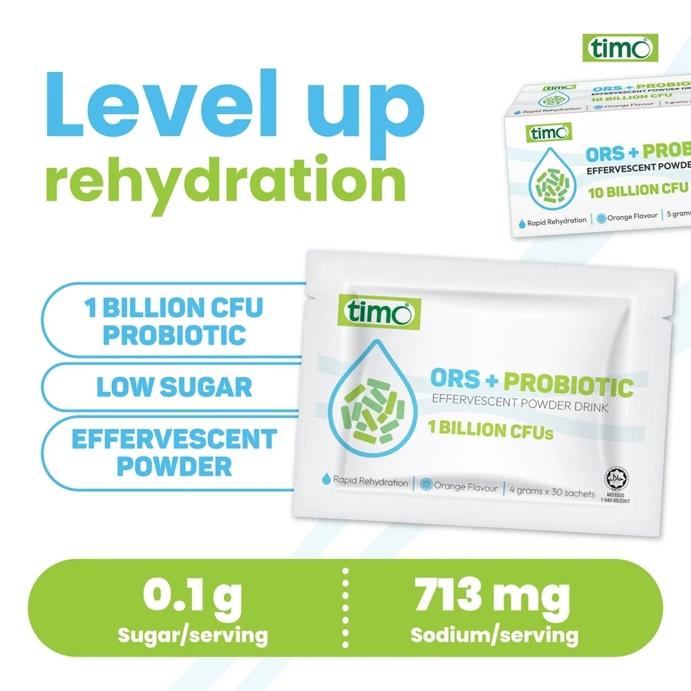 TIMO Ors + Probiotic Effervescent Powder Drink 4g X 30's - Orange Flavour, Ubat Sakit Perut