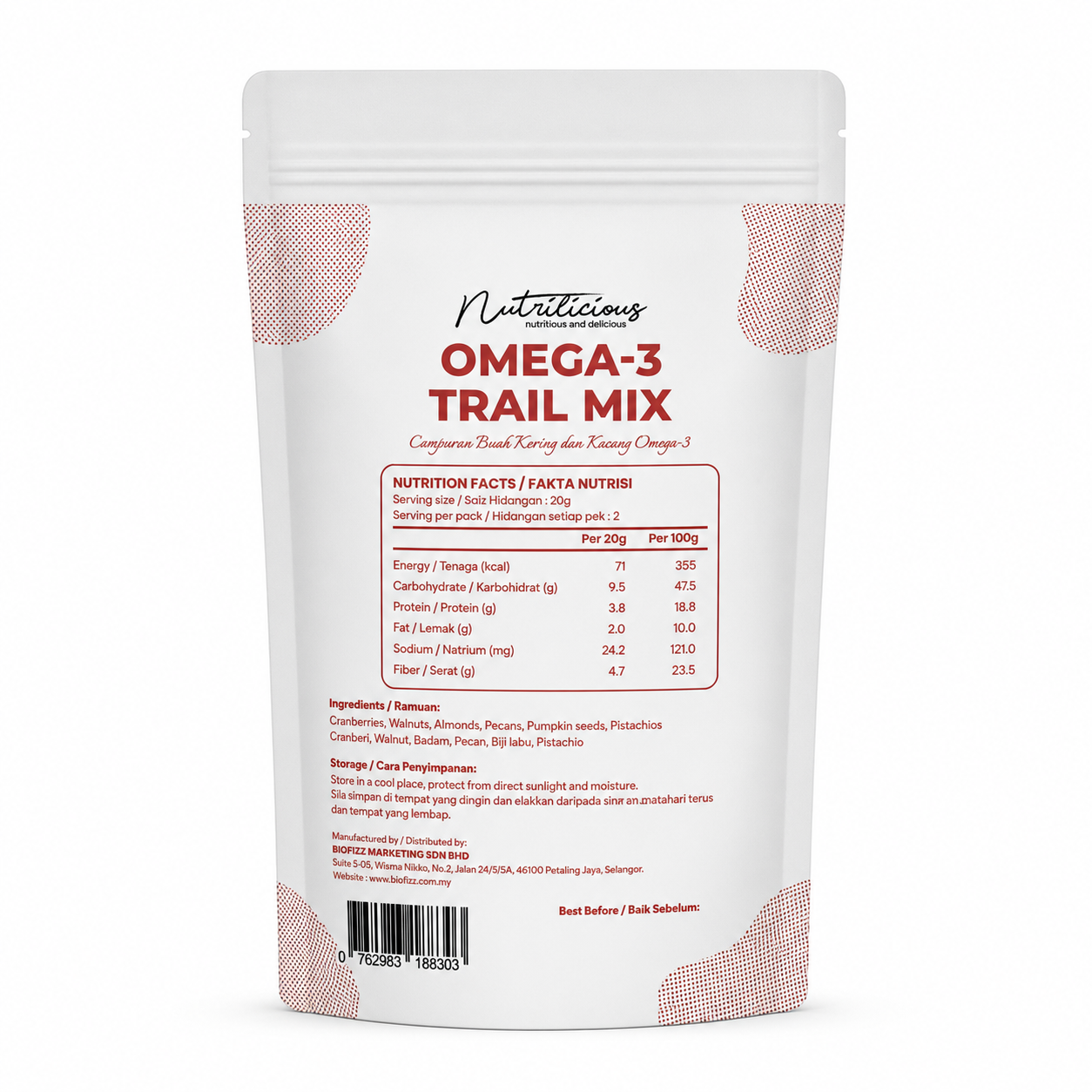 NUTRILICIOUS Omega 3 Trail Mix Nuts Mixed Nuts and dried fruits 50g