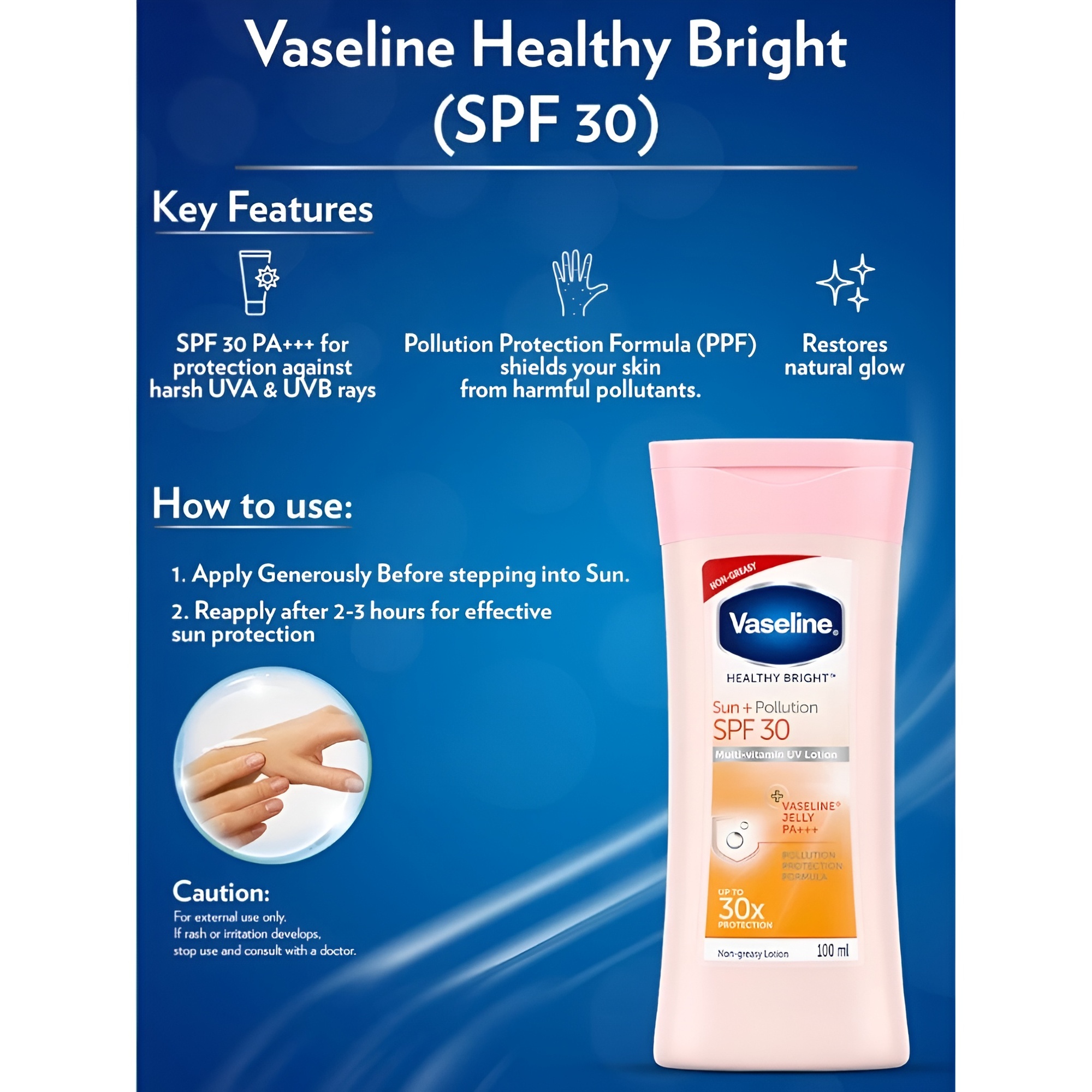 [CLR] VASELINE Healthy Bright SPF30PA ++ Sun + Pollution Lotion 100ml, 防晒润肤乳, 保湿滋润 (EXP: 11/11/2026)