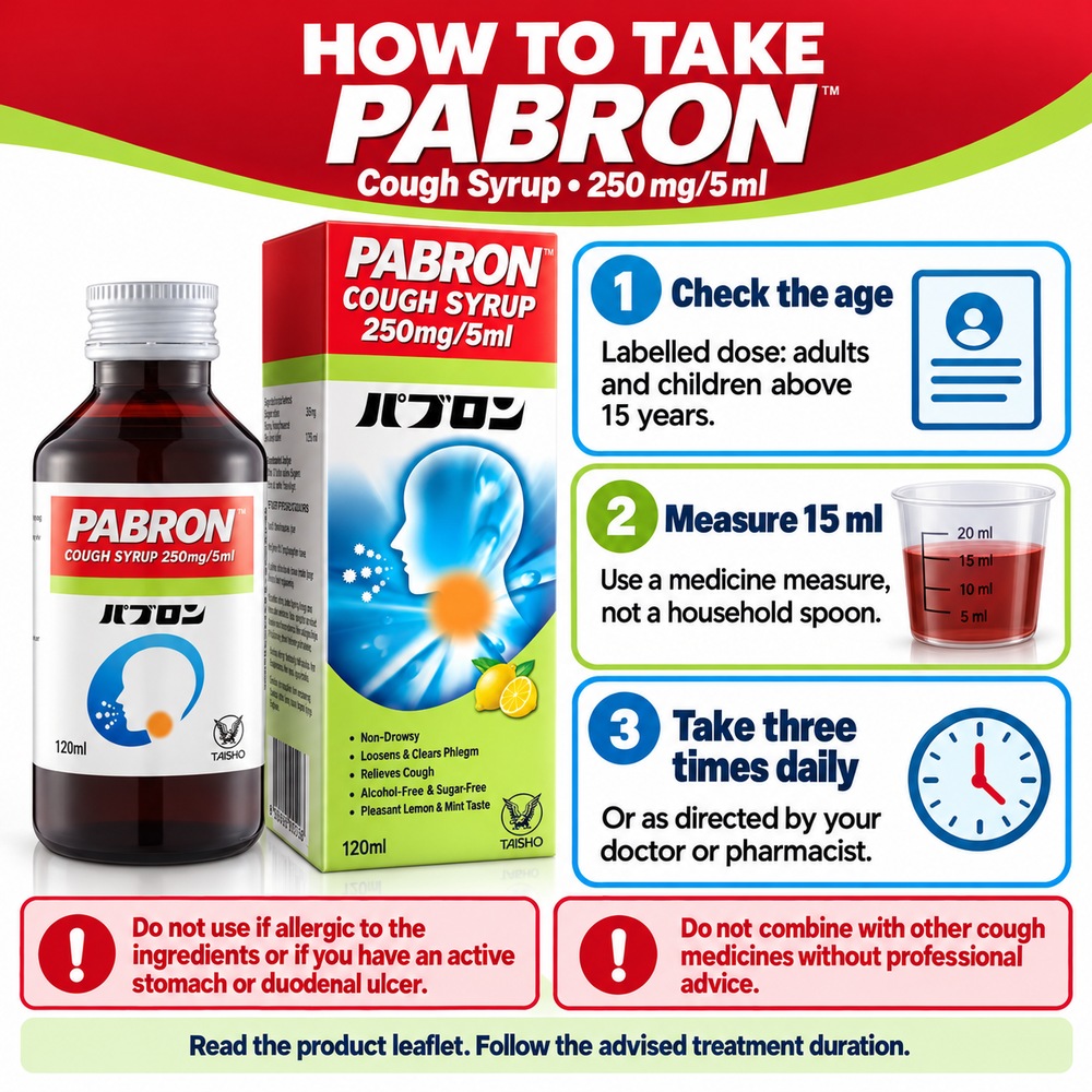 Pabron Cough Syrup 120ml Carbocisteine 250mg/5ml, Phlegm Relief, Batuk Berkahak