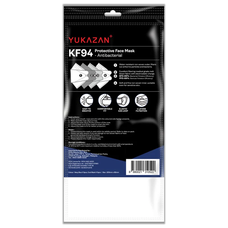 YUKAZAN KF94 Protective Face Mask 10's - Cool Black & Navy Blue