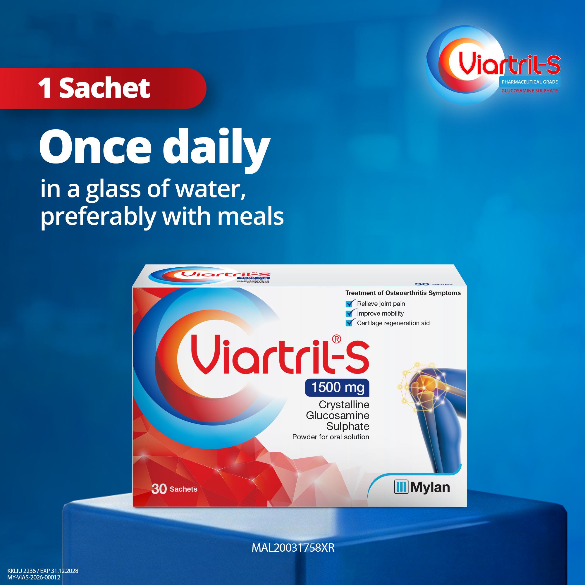 Viartril-S 1500mg, Crystalline Glucosamine Sulphate Powder for Oral Solution, 30 Sachets