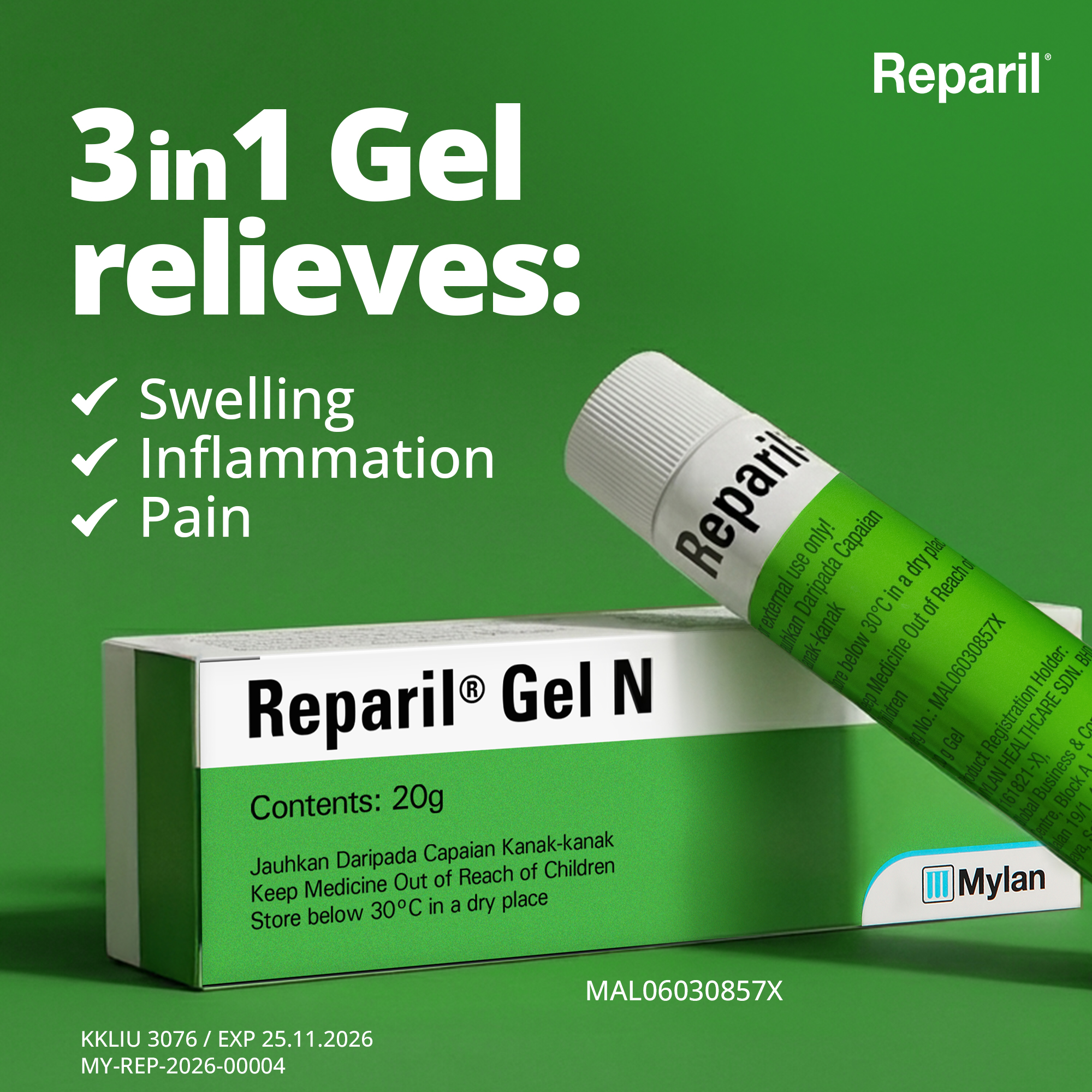 Reparil Gel N, 20g, Reduces Swelling, Inflammation & Pain, Quickly Penetrates to Cool the Painful Area