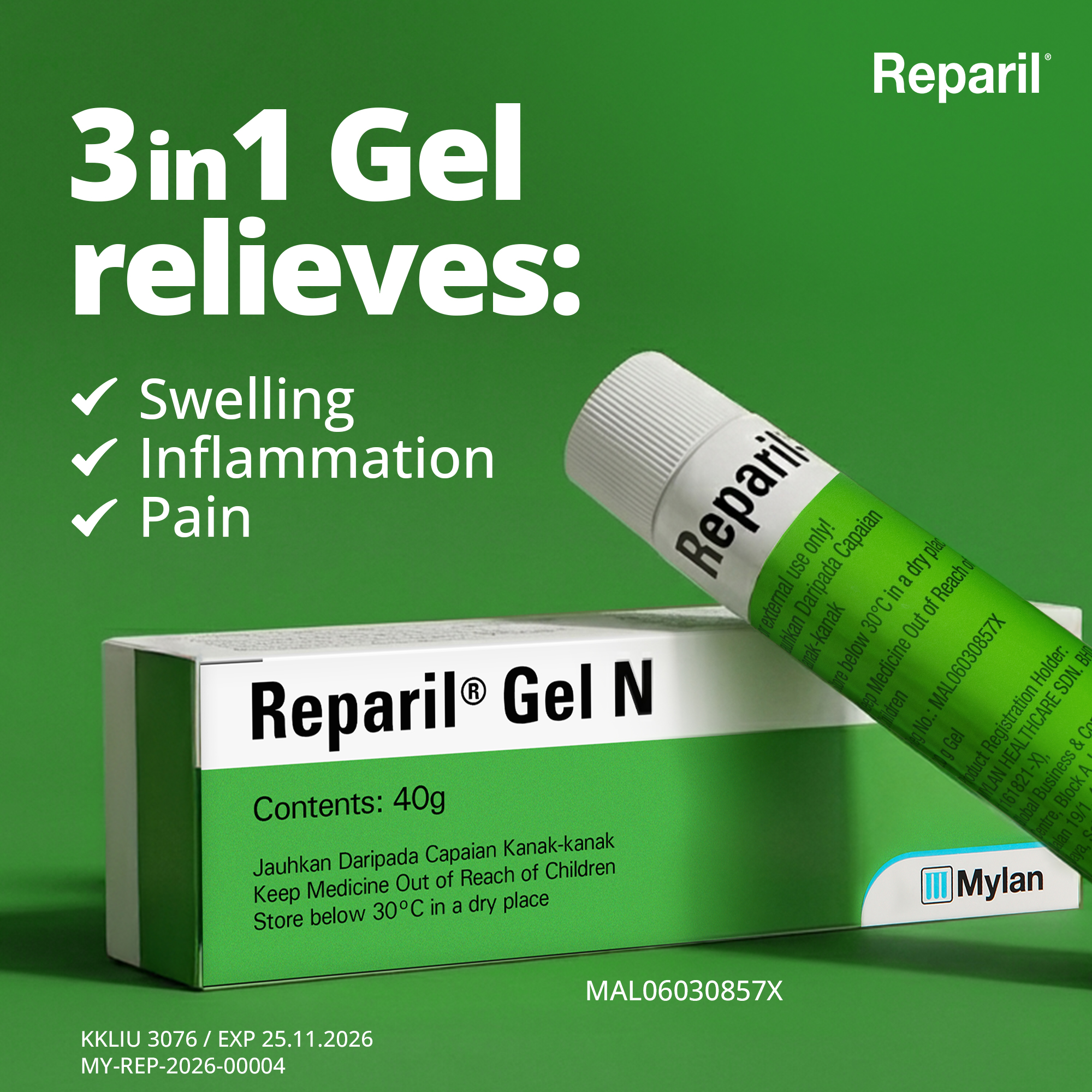 Reparil Gel N, 40g, Reduces Swelling, Inflammation & Pain, Quickly Penetrates to Cool the Painful Area
