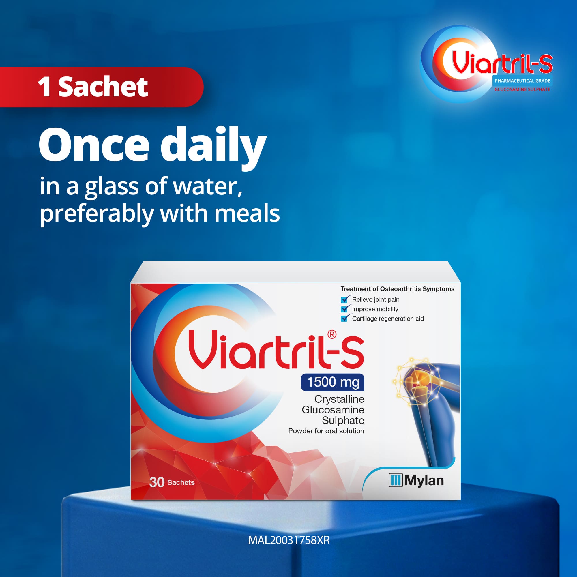 Viartril-S 1500mg, Crystalline Glucosamine Sulphate Powder for Oral Solution, 30 Sachets