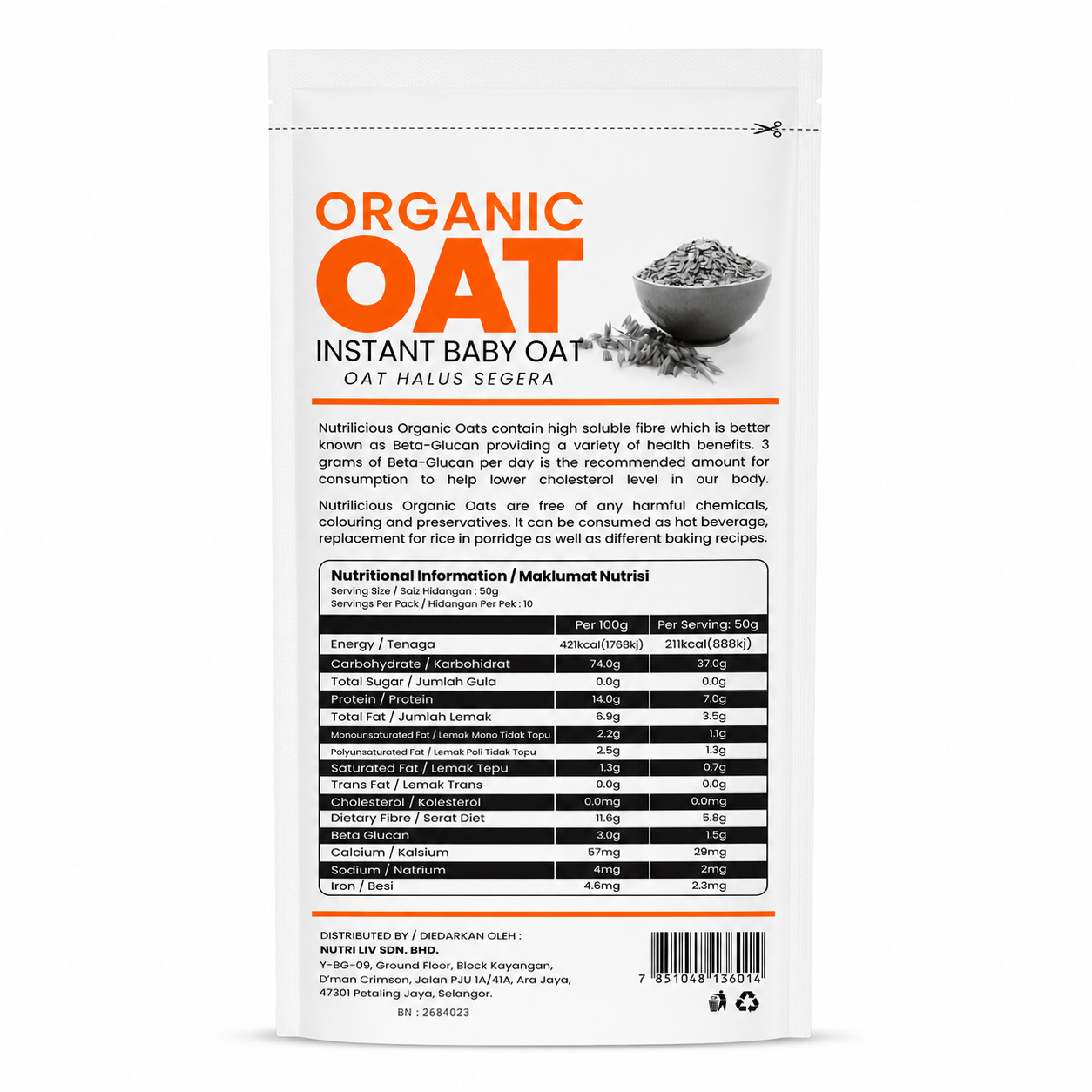 NUTRILICIOUS Instant Baby Oat Organic Baby Food 500g ( Oat Baby Oatmeal / Instant Oatmeal )