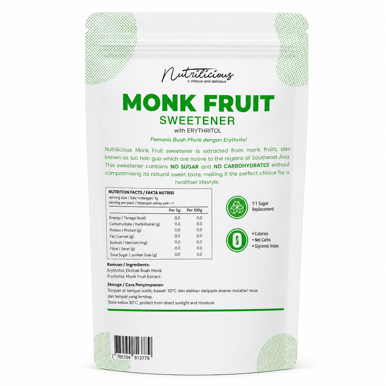 NUTRILICIOUS Monk Fruit Sweetener Organic 200g ( 0 calories Sugar/ Keto Sugar / Keto Sweetener)