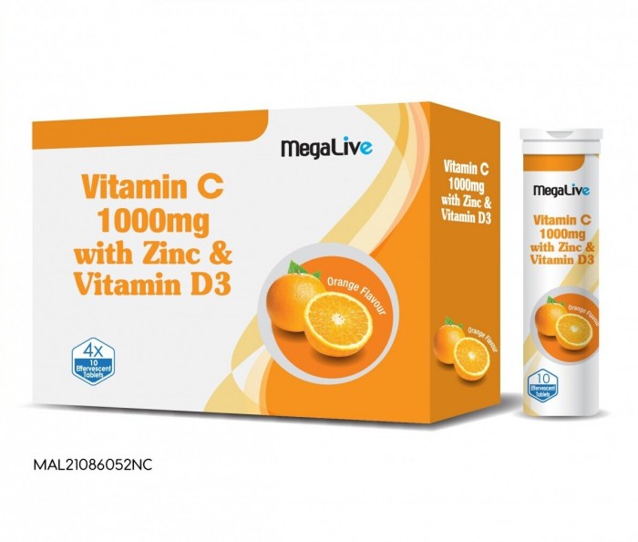 Megalive Vitamin C 1000mg With Zinc & Vitamin D3 Effervescent Tablet 4 x 10's