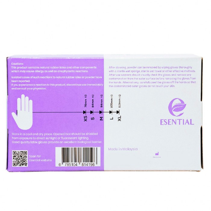 ESENTIAL Latex Powder Disposable Gloves 100's -XL size /sarung tangan getah/一次性手套