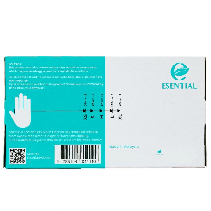 ESENTIAL Latex Powder Free Disposable Gloves 100's -S size /sarung tangan getah/一次性手套