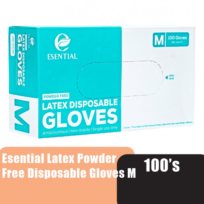 ESENTIAL Latex Powder Free Disposable Gloves 100's -M size /sarung tangan getah/一次性手套