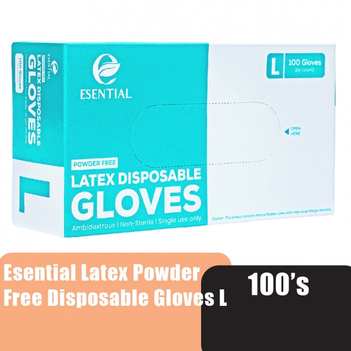 ESENTIAL Latex Powder Free Disposable Gloves 100's -L size /sarung tangan getah/一次性手套