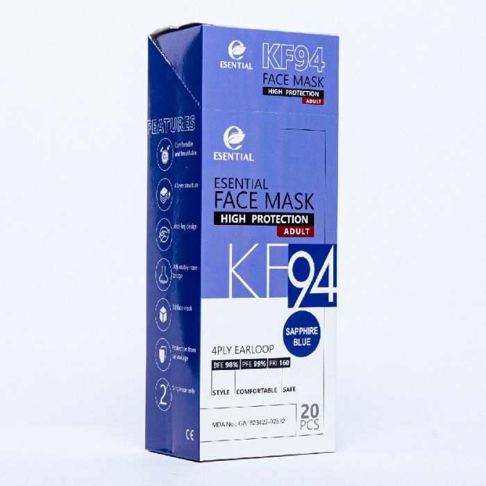 ESENTIAL kf94 20's Classic Elastic Earloop Disposable Face Mask-Sapphire Blue / Protection 一次性口罩