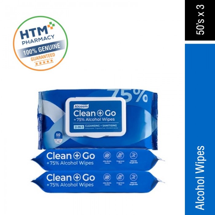 ALCOSM CLEAN + GO 75% ALCOHOL WIPES 50'S X 3