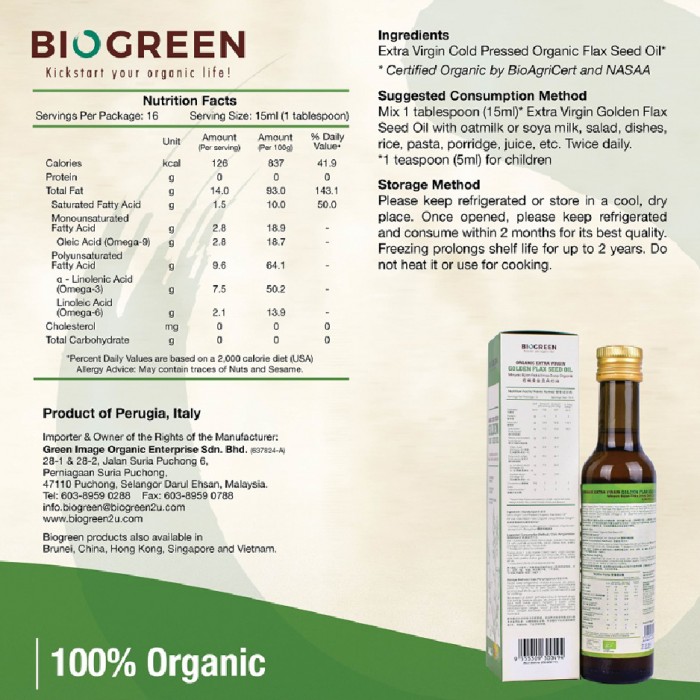 BIOGREEN Organic Extra Virgin Golden Flaxseed Oil 250ml