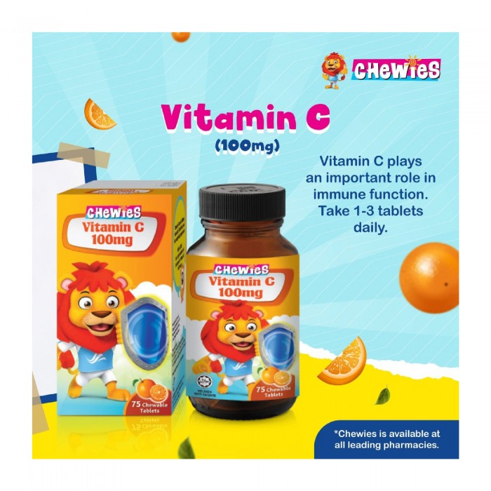 CHEWIES Vitamin C 100mg 75's - Orange for Kids, Vitamin C Chewable for Immune Booster, Vitamin C Supplement, 维生素c