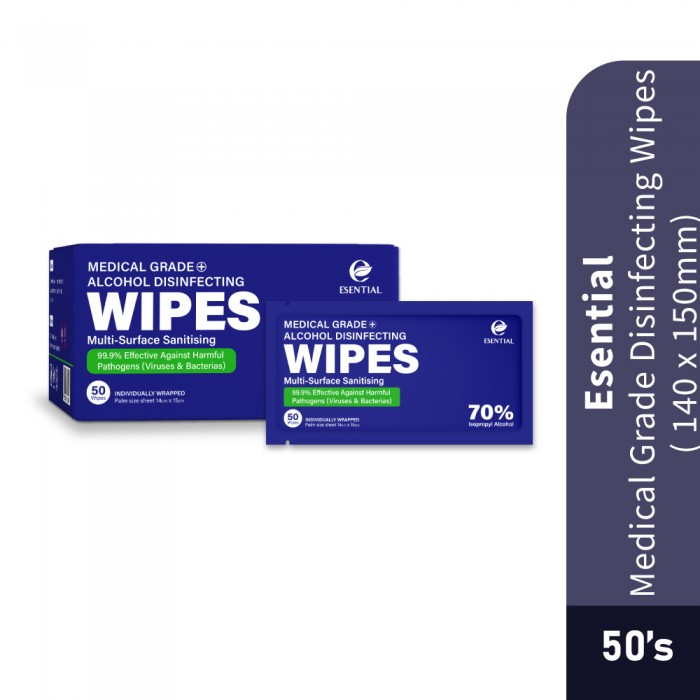 ESENTIAL Medical Grade Alcohol Disinfecting Wipes 140x 150mm With 50’s- Wipes, 湿巾