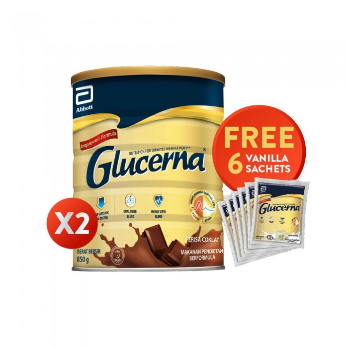 Glucerna Chocolate Milk, Diabetic Milk as Meal Replacement and in Tube Feeding Formula - 800g x 2 [FOC 6 Sachets]