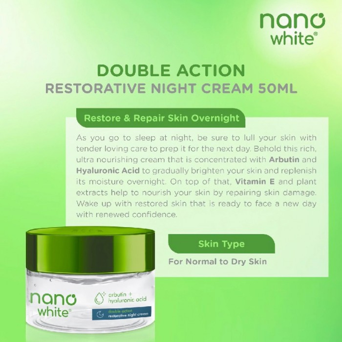 Nanowhite Double Action Restorative Night Cream 50ml Skincare Hyaluronic acid + Arbutin anti-aging