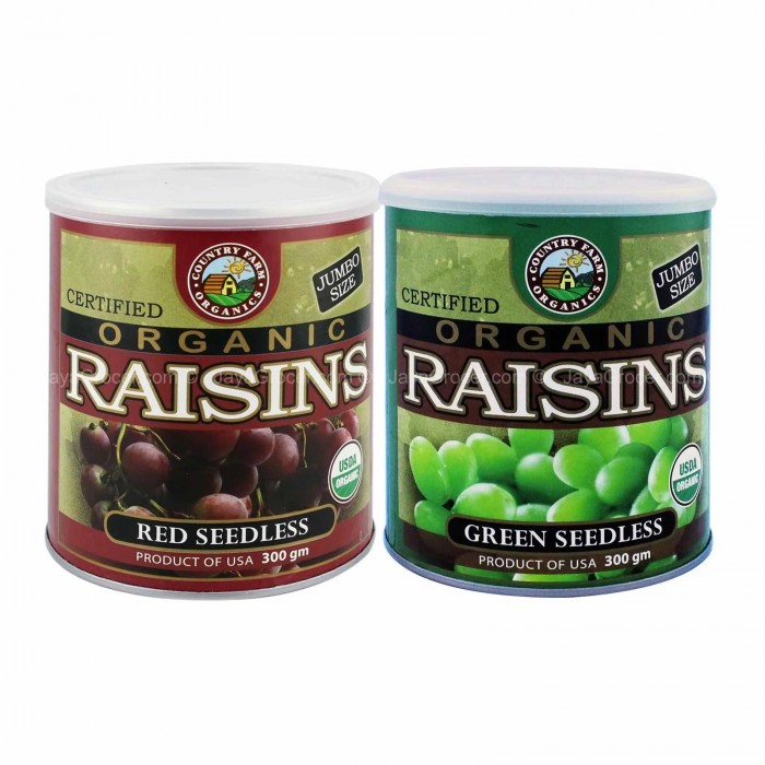 COUNTRY FARM CERTIFIED ORGANIC RAISIN RED SEEDLESS 300G + GREEN SEEDLESS 300G