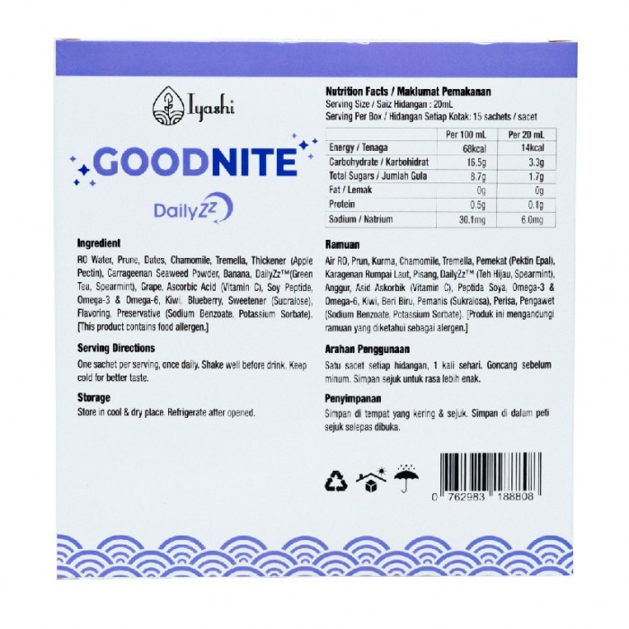 IYASHI Goodnite - Relax for Better Sleep Supplement , solve insomnia for deep sleep ( tidur lena / 安神 )  20ml x 15's