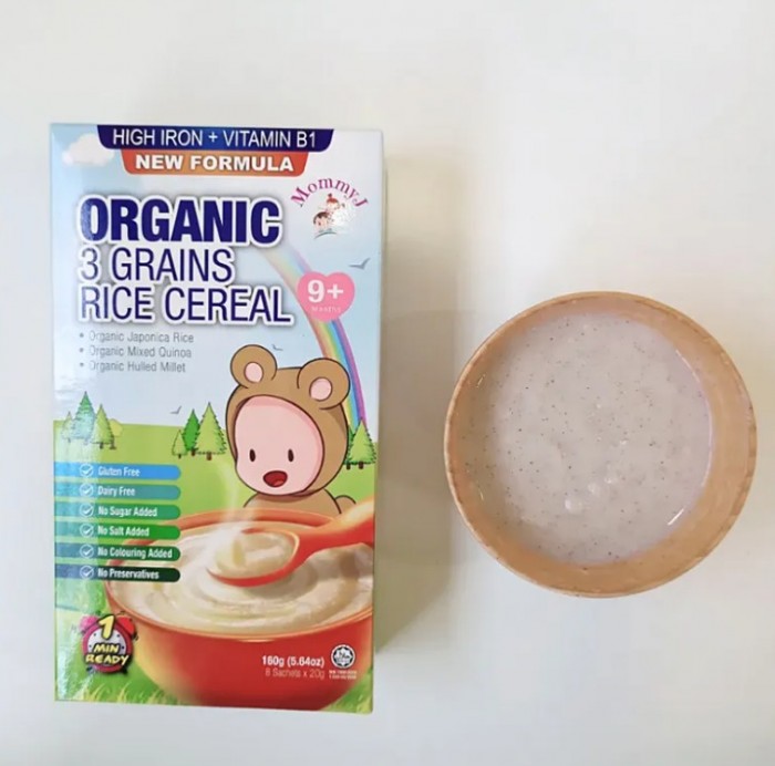 MOMMY J Baby Organic 3 Grains Rice Cereal With High Iron 160g - Halal Baby Food, Makanan Baby for 9+ Months