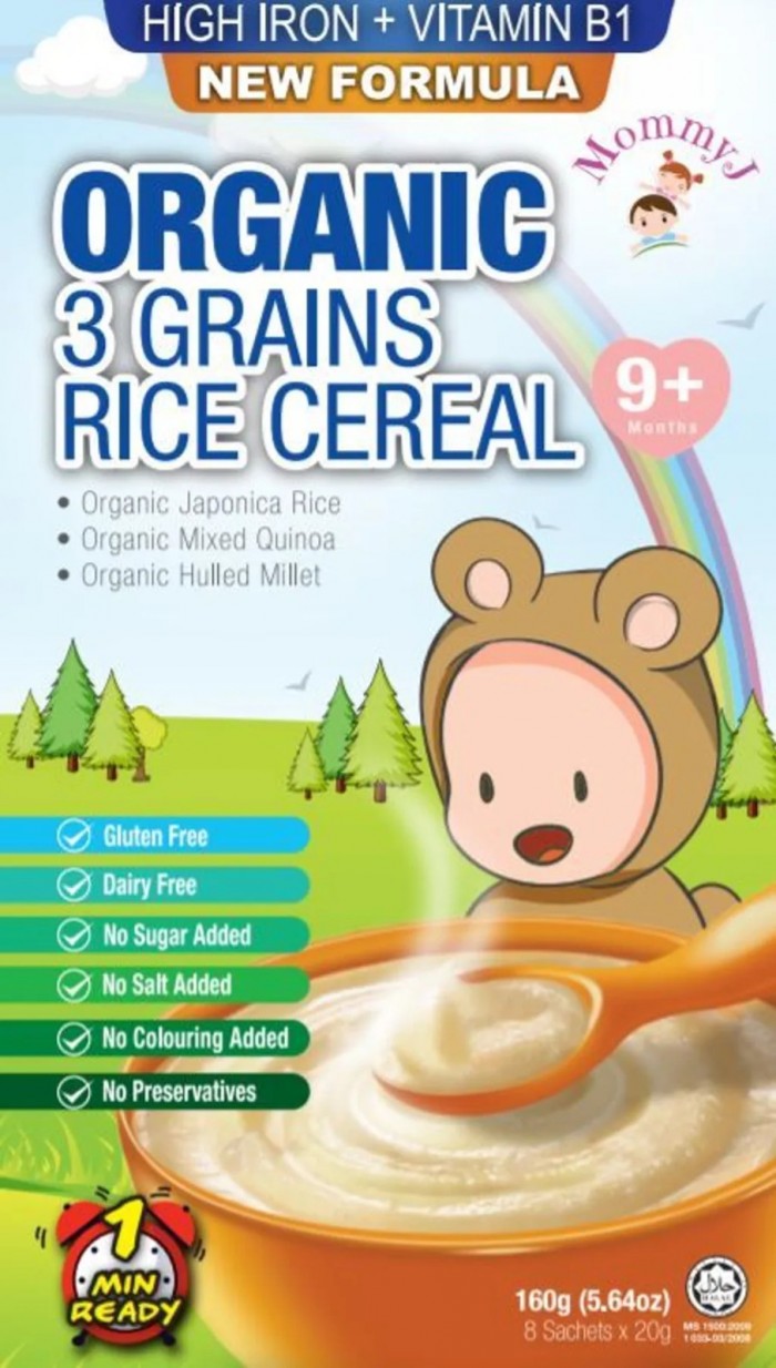 MOMMY J Baby Organic 3 Grains Rice Cereal With High Iron 160g - Halal Baby Food, Makanan Baby for 9+ Months