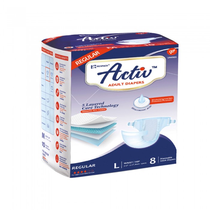 ACTIV REGULAR ADULT DIAPERS 8'S X 8PACKS - L (OD)