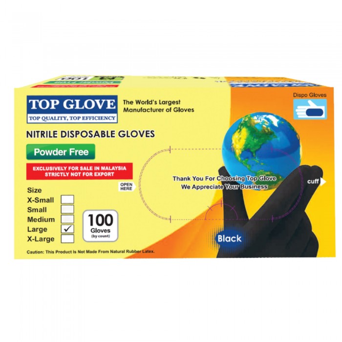 TOP GLOVE NITRILE CHLORINATED PF GLOVES (BLACK) 100'S - L