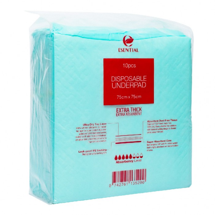 ESENTIAL Disposable Underpad For Adult 75cm x 75cm 10's / Leak proof absorbent pad 隔尿垫,床垫 ,月經墊