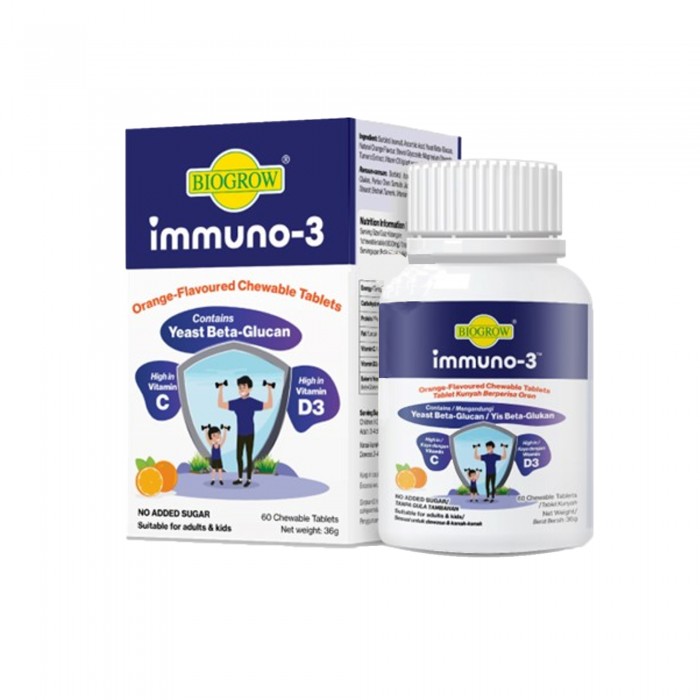 Biogrow Immuno 3 Chewable Tablets 60s Yeast Beta Glucan For Immune System - Orange Flavour (For adults & kids supplement