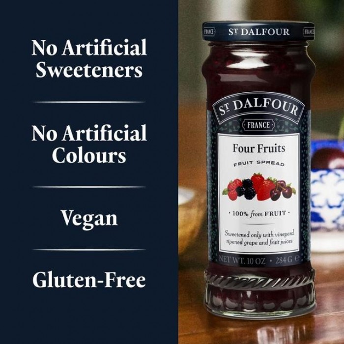 St Dalfour Natural Fruit Spread Four Fruits 284g - Jem roti strawberry,cherry, blueberry,raspberry(vegan & gluten free)