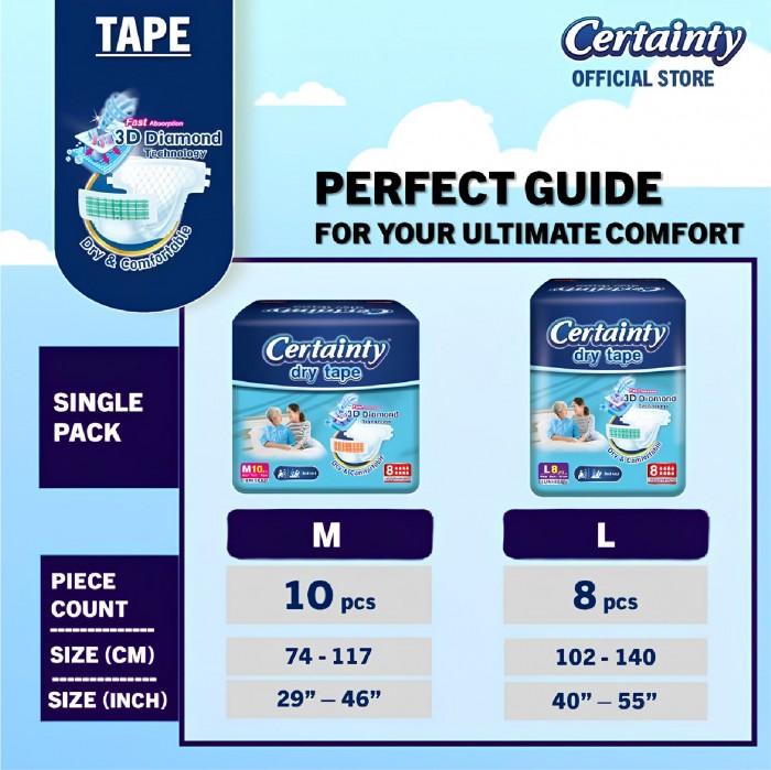 CERTAINTY Disposable Adult Diapers 8's Unisex Size - L, Adult Diapers / Pampers Dewasa / 成人 尿片