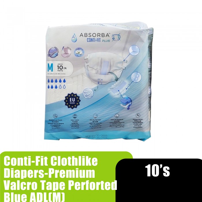 ABSORBA Conti-Fit Clothlike Diapers (M Size) 10's - Premium Valcro Tape & Perforated Blue Adl (成人尿布 / 成人尿垫)