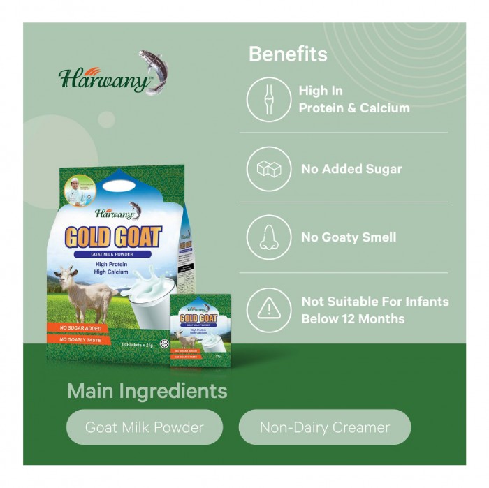 HARWANY Gold Goat Milk Powder Susu Tebung Kambing 21g x 18 Packs - Goat Milk / Food for Boost Immune / Support Gut Healt