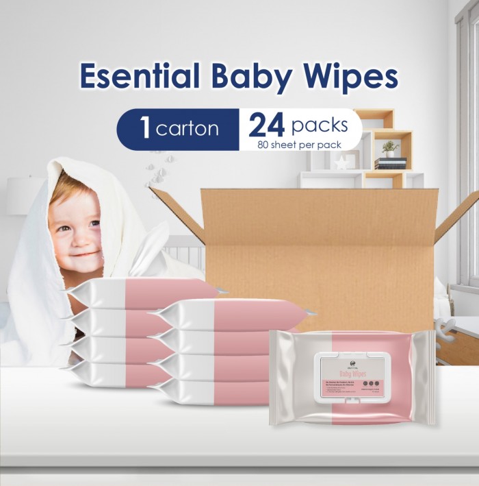 ESENTIAL Non Alcohol Baby Wipes 80's x 24 With Natural Aloe Vera / Tisu Basah for Sensitive Skin 宝宝 濕紙巾