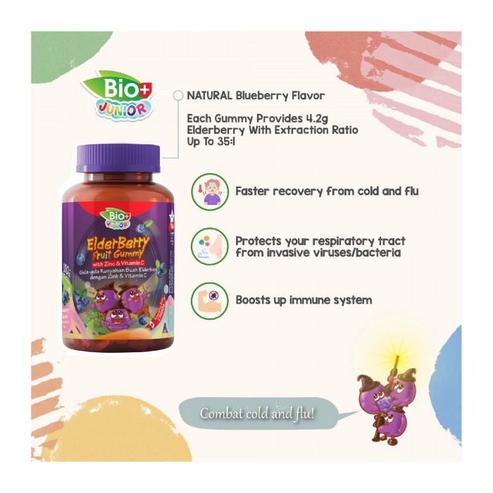 BIO+ Junior Elderberry Gummy with Zinc & Vitamin gummy for kids 60's X 2 (Blueberry Flavour)  / with FOC supplement for