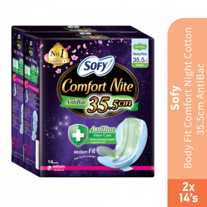 SOFY Body Fit Comfort Night Cotton (35.5cm Antibac 2 x 14's) [Panty Liner/Pantyliner/Sanitary Pad/Tuala Wanita Pad Wanit