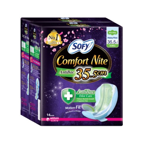 SOFY Body Fit Comfort Night Cotton (35.5cm Antibac 2 x 14's) [Panty Liner/Pantyliner/Sanitary Pad/Tuala Wanita Pad Wanit