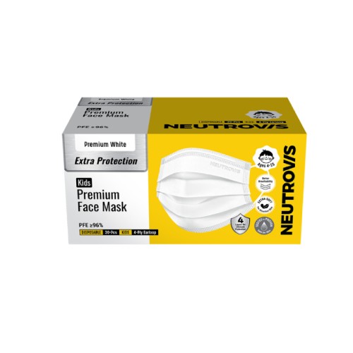 Neutrovis Premium 4-Ply Face Mask Kids - 30s (White), Mask Muka Budak, Mask Budak