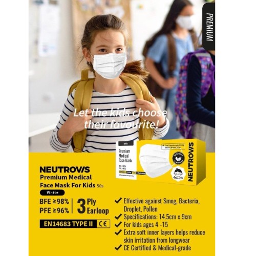 Neutrovis Premium 4-Ply Face Mask Kids - 30s (White), Mask Muka Budak, Mask Budak