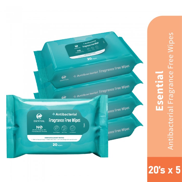 ESENTIAL ANTIBACTERIAL FRAGRANCE FREE WIPES 20'S X 5