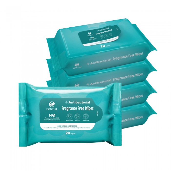 ESENTIAL ANTIBACTERIAL FRAGRANCE FREE WIPES 20'S X 5