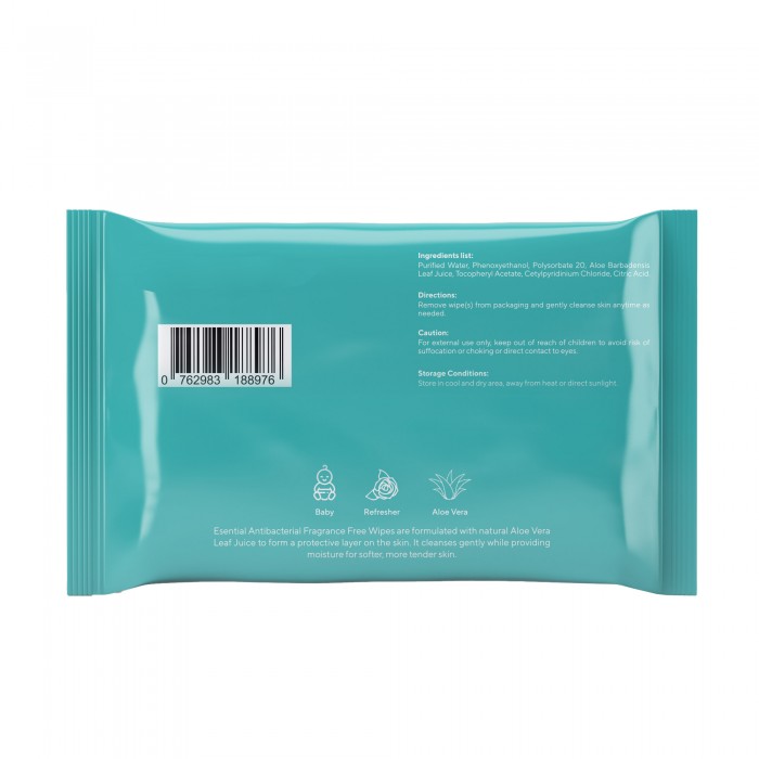 ESENTIAL ANTIBACTERIAL FRAGRANCE FREE WIPES 20'S X 5