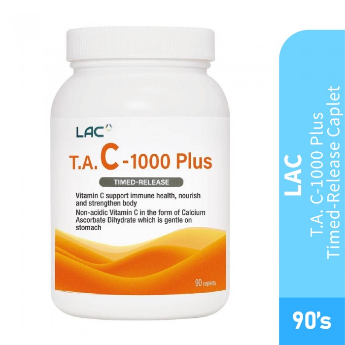 LAC Vitamin C TAC 1000 Plus Timed Release 90's with Vitamin C, Non Acidic Vitamin C for Immune Booster