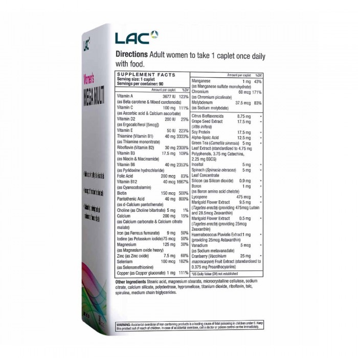 LAC Women Mega Multi Time Release Caplet 90's for Women, Vitality, Women Supplement, Biotin, Iron , Calcium