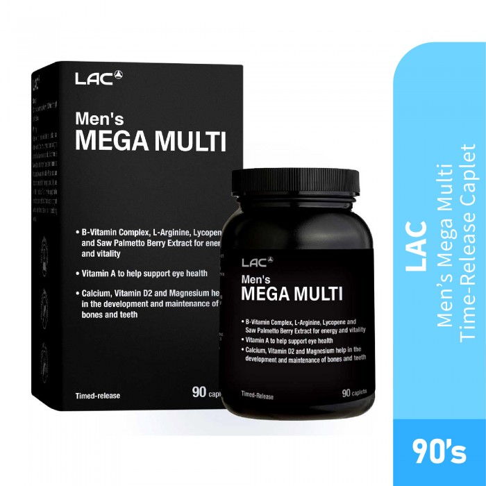 LAC Men Mega Multi Time Release Caplet 90's for Men Supplement with Magnesium, Calcium, B Complex, Vitamin A